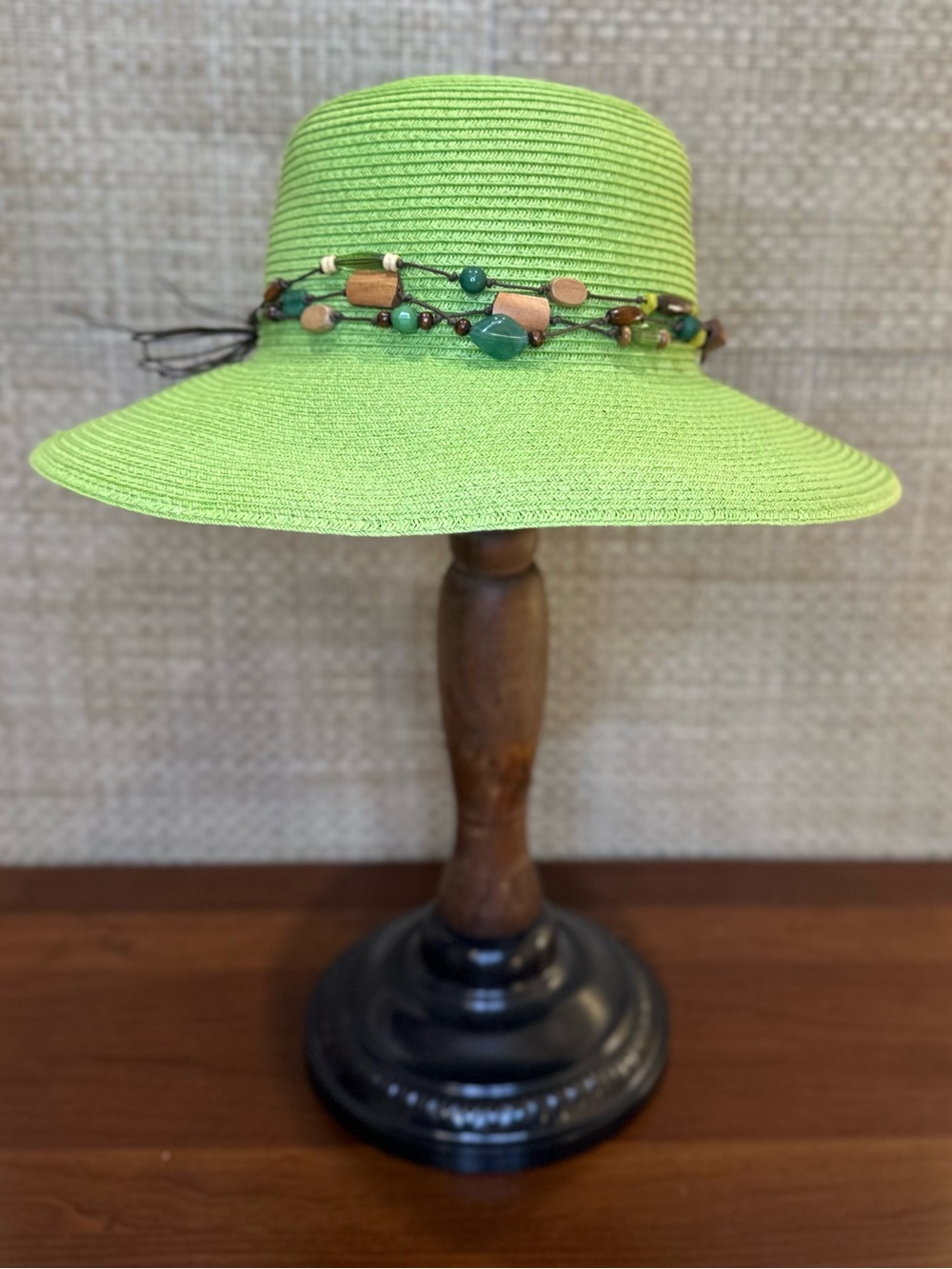 Cappelli Straworld Lime Green Wide Brim Paper Straw Beaded Sun Hat